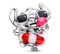 Disney Stitch Sterling Silver Charm with White and Red Murano Glass, Black and Pink Enamel