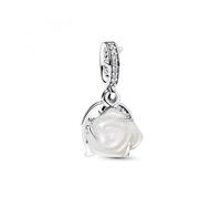 Pandora Moments Colgante doble de plata de ley con diseño de rosa blanca, con nácar artificial de biorresina y circonita cúbica transparente