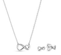 PANDORA Conjunto de joyería para mujer: collar de plata brillante con símbolo de infinito y pendientes a juego. Set de regalo 68323
