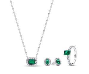 PANDORA Conjunto de joyería para mujer: collar, pendientes de botón y anillo, plata de ley, circonita cúbica verde, lote 21783