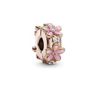 Pandora Daisy Dije estilo clip con diseño de margaritas chapados en oro rosa de 14 quilates con circonitas cúbicas transparentes, esmalte rosa sombreado y agarre de silicona