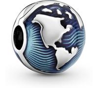 Pandora Dije estilo clip con diseño de globo terráqueo de plata de ley con esmalte azul transparente