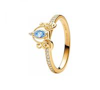 Pandora Disney Anillo con diseño de Cenicienta chapado en oro de 14 quilates con elegantes circonitas cúbicas transparentes y azul claro, talla 58