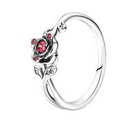 Pandora Disney Anillo con diseño de rosa de La Bella y la Bestia en plata de ley con circonitas cúbicas rojas y transparentes, talla 50