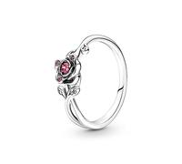 Pandora Disney Anillo con diseño de rosa de La Bella y la Bestia en plata de ley con circonitas cúbicas rojas y transparentes, talla 54