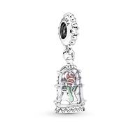 Pandora Disney Colgante de plata de ley de La Bella y la Bestia con diseño de rosa con circonitas cúbicas transparentes, cristal de Murano azul claro transparente, esmalte rojo y verde
