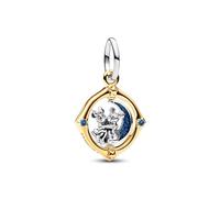 Pandora Disney Colgante giratorio de plata de ley y chapado en oro de 14 quilates con diseño de Mickey y Minnie con cristal azul auténtico y esmalte azul brillante