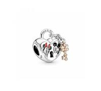 Pandora Disney Dije con candado en forma de corazón con llave con diseño de Minnie y Mickey, plata de ley y chapado en oro rosa de 14 quilates con esmalte rojo, blanco y negro