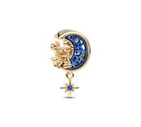 Pandora Disney Dije con diseño Mickey y Minnie en la luna, chapado en oro de 14 quilates con cristal azul auténtico y madreperla artificial de biorresina azul