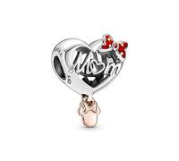 Pandora Disney Dije con forma de corazón, inscripción «mom» y diseño de Minnie Mouse en plata de ley y chapado en oro rosa de 14 quilates con esmalte rojo