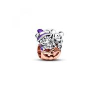 Pandora Disney Dije de plata de ley y chapado en oro rosa de 14 quilates en forma de calabaza con Mickey y Minnie con esmalte en negro y morado que brilla en la oscuridad