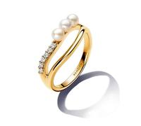 PANDORA Essence Anillo chapado en oro de 14 quilates con perla blanca cultivada de agua dulce tratada y circonita cúbica transparente, talla 54