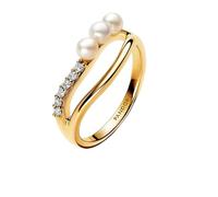 PANDORA Essence Anillo chapado en oro de 14 quilates con perla blanca cultivada de agua dulce tratada y circonita cúbica transparente, talla 50