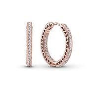 PANDORA Signature Pendientes de aro centelleantes con corazones chapados en oro rosa de 14 quilates con circonitas cúbicas transparentes, 20 mm