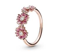 Pandora Garden Anillo con diseño de trío de margaritas rosa chapado en oro rosa de 14 quilates con circonitas cúbicas transparentes y esmalte rosa sombreado, talla 60