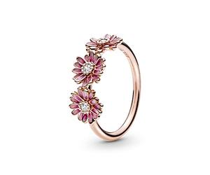 Pandora Garden Anillo con diseño de trío de margaritas rosa chapado en oro rosa de 14 quilates con circonitas cúbicas transparentes y esmalte rosa sombreado, talla 58