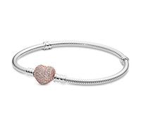 Pandora Icons Pulsera de plata con cadena de serpiente con cierre de corazón chapada en oro rosa de 14 quilates y circonitas cúbicas transparentes, 17