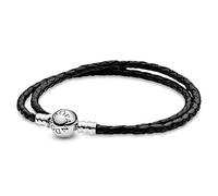 Pandora Icons Pulsera doble de plata y cuero negro, D1