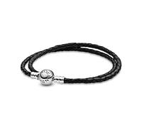 Pandora Icons Pulsera doble de plata y cuero negro, D3