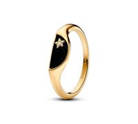 PANDORA ME Anillo de sello dividido chapado en oro de 14 quilates con circonita cúbica transparente y esmalte negro brillante, talla 54