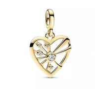 PANDORA Medallón de plata de ley con forma de corazón y rayos de metal chapado en oro de 14 quilates, circonita, compatible con pulseras ME y Moments, 763453C01, 2,2x15,4x15,2 mm, Plata de ley,