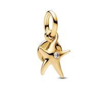 PANDORA Moments 763892C01 - Colgante doble de estrella de mar de plata de ley chapada en oro de 14 quilates con circonitas, compatible con Me y Moments, 4,4x14,3x10 mm, Plata de ley, Circonita cúbica