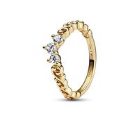 Pandora Moments Anillo con diseño de tiara real chapado en oro de 14 quilates con circonitas cúbicas transparentes, talla 58