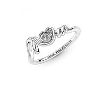 Pandora Moments Anillo con engaste pavé con diseño de corazón e inscripción «Mom» de plata de ley con circonitas cúbicas transparentes, talla 56