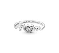 Pandora Moments Anillo con engaste pavé con diseño de corazón e inscripción «Mom» de plata de ley con circonitas cúbicas transparentes, talla 60