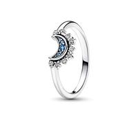Pandora Moments Celestial Anillo con diseño de luna centelleante de plata de ley con cristal azul noche y circonitas cúbicas transparentes, talla 58