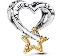 PANDORA Moments charm Lucky Star y corazón de plata de primera ley con aleación metálica chapada en oro, compatible con pulseras Moments, 763513C00