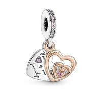 Pandora Moments Colgante con 2 corazones de plata de ley y chapado en oro rosa de 14 quilates con circonita cúbica transparente y elegante rosa fantasía y cristal rosa phlox