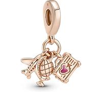 Pandora Moments Colgante con diseño de avión, globo terráqueo y maleta chapado en oro rosa de 14 quilates con esmalte rosa