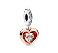 Pandora Moments Colgante con diseño de corazón abierto de plata de ley y chapado en oro rosa de 14 quilates, con circonitas cúbicas transparentes y esmalte rojo