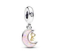 Pandora Moments Colgante con diseño de corazón, luna y llave de plata de ley y chapado en oro de 14 quilates, con circonitas cúbicas transparentes y ópalo rosa creado en laboratorio