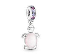 Pandora Moments Colgante con diseño de tortuga marina de plata de ley con cristal de rosa dicroico esmerilado, púrpura real y rosa phlox