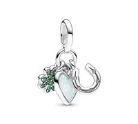 Pandora Moments Colgante con diseño de trébol, corazón y herradura de plata de ley con circonita cúbica transparente, cristal verde real y ópalo blanco creado en laboratorio
