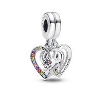 Pandora Moments Colgante divisible con 2 corazones de plata de ley con cristal azul hielo, amarillo fuego, naranja quemado, morado real y elegantes circonitas cúbicas rosa fantasía