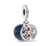 Pandora Moments Colgante doble de plata de ley y chapado en oro rosa de 14 quilates con diseño de estrellas fugaces, con circonitas cúbicas transparentes y esmalte azul brillante