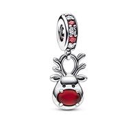 Pandora Moments Colgante navideño de plata de ley con diseño de reno con circonitas cúbicas transparentes y rojas y cristal de Murano rojo esmerilado