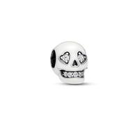 Pandora Moments Dije con diseño de calavera de plata de ley con circonita cúbica transparente y esmalte blanco que brilla en la oscuridad