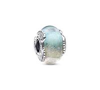 Pandora Moments Dije con diseño de pluma de plata de ley con cristal de Murano rosa dicroico multicolor arcoíris