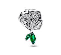 Pandora Moments Dije de plata de ley con diseño de rosa con circonitas cúbicas transparentes y cristal verde real