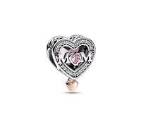 Pandora Moments Dije de plata de ley y chapado en oro rosa de 14 quilates con forma de corazón y palabra «mom» con elegantes circonitas cúbicas transparentes, rosa fantasía y rosa