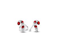 Pandora Moments Pendientes de botón con diseño de bastón de caramelo de plata de ley con circonitas cúbicas transparentes y esmalte rojo
