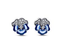 Pandora Moments Pendientes de botón de plata de ley con forma de flor de pensamiento con circonita cúbica transparente y esmalte azul matizado y blanco