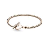 Pandora Moments Pulsera con cadena de serpiente chapada en oro rosa de 14 quilates con cierre en forma de corazón y barra en T, 18