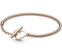 Pandora Moments Pulsera con cadena de serpiente chapada en oro rosa de 14 quilates con cierre en forma de corazón y barra en T, 17
