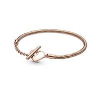 Pandora Moments Pulsera con cadena de serpiente chapada en oro rosa de 14 quilates con cierre en forma de corazón y barra en T, 23