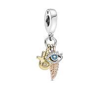 Pandora Passions Colgante con diseño de mano, ojo y pluma de plata de ley chapado en oro de 14 quilates y en oro rosa de 14 quilates con circonitas cúbicas transparentes y esmalte turquesa